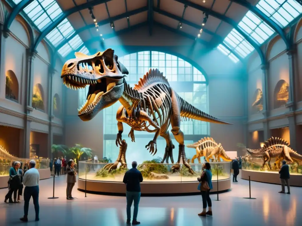 Adultos maravillados por esqueleto de dinosaurio en museo de historia natural