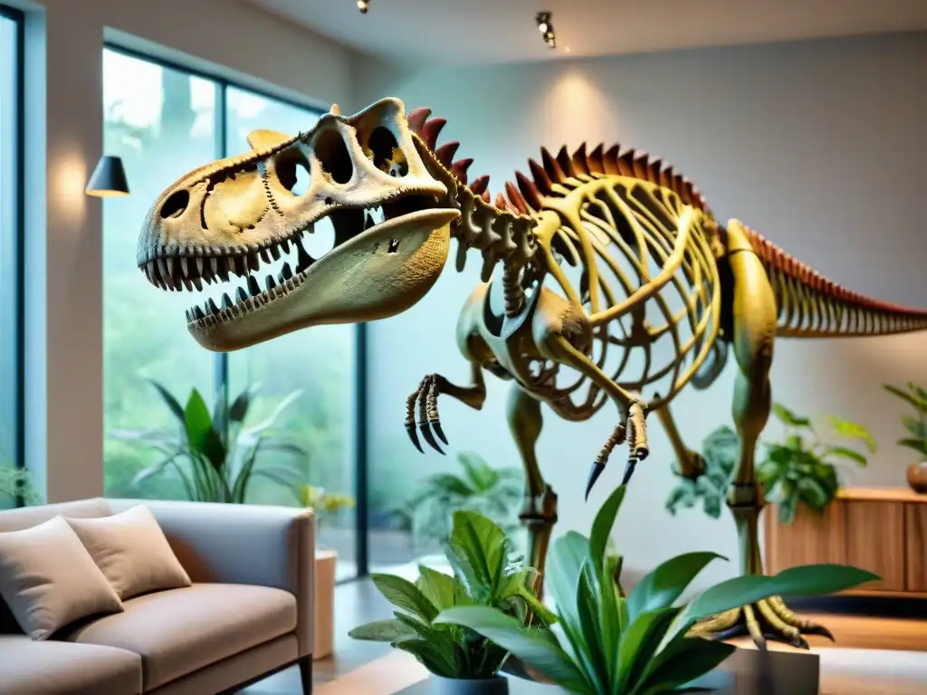 Réplica de alta calidad de esqueleto de T-Rex en sala moderna con decoración prehistórica