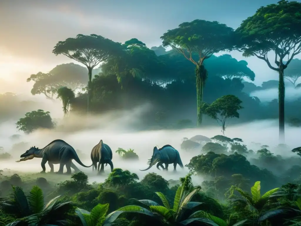 Un amanecer místico en la exuberante selva amazónica con dinosaurios, evocando el origen de leyendas en el Amazonas