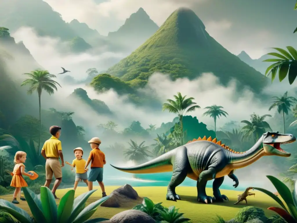 Anuncio clásico en blanco y negro de los años 50 con niños felices jugando con dinosaurios de juguete en un paisaje prehistórico exuberante