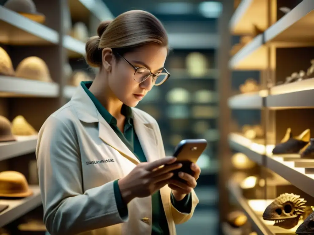 Paleontólogo examina fósiles en laboratorio Paleontólogo usando app móvil para reportar fósiles en laboratorio de museo