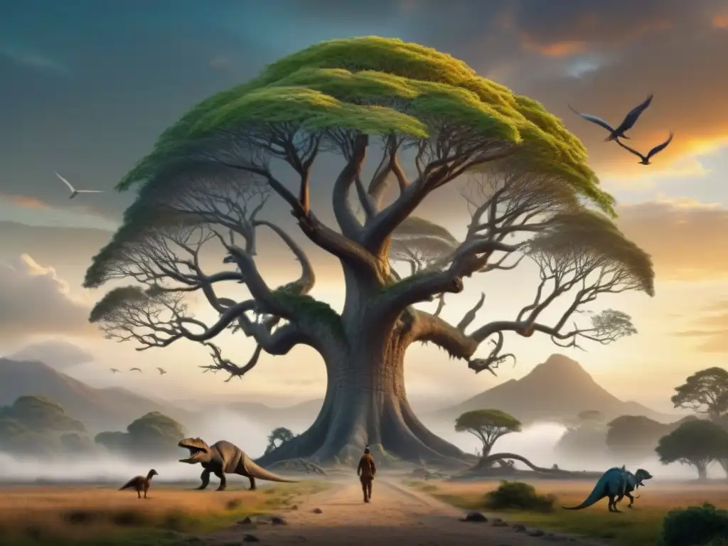 Árbol evolutivo: de dinosaurios a aves modernas Un árbol evolutivo detallado que muestra la conexión de los dinosaurios a las aves modernas