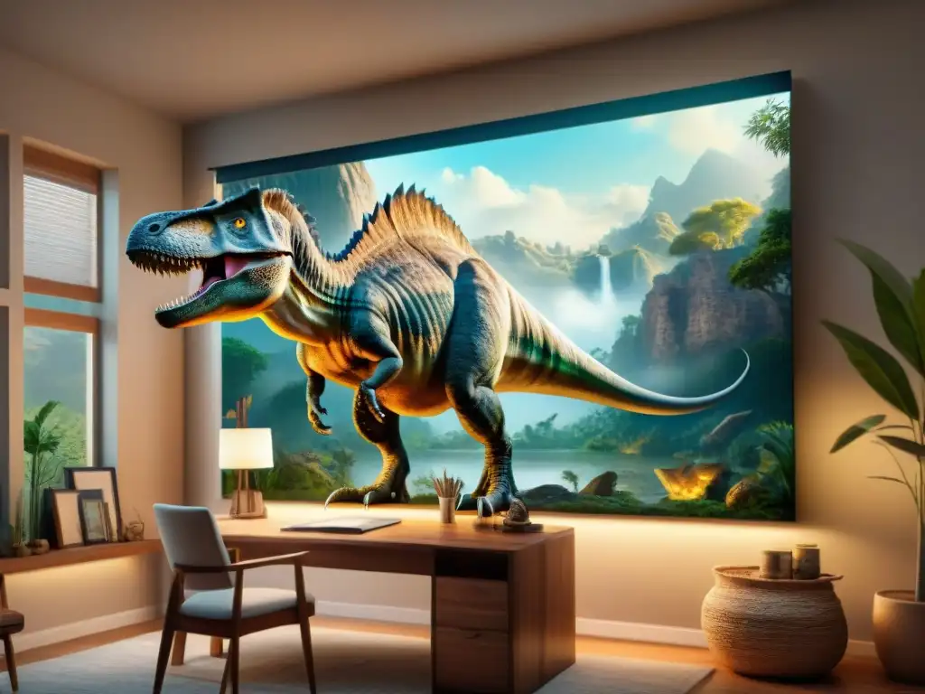 Artista paleo recrea dinosaurio con detalle en estudio Artista paleo recrea dinosaurios en estudio, rodeado de libros y bocetos detallados