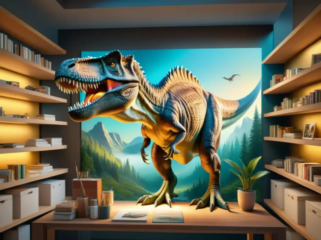 Pintura detallada de un paleoartista: Tyrannosaurus rex en estudio Un artista paleo meticuloso pinta un realista T