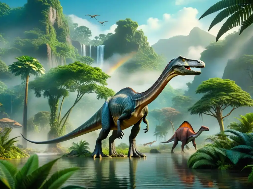 Majestuoso paisaje prehistórico: dinosaurios y vegetación exuberante 'Asombrosa adaptación de dinosaurios a cambios climáticos en exuberante paisaje prehistórico