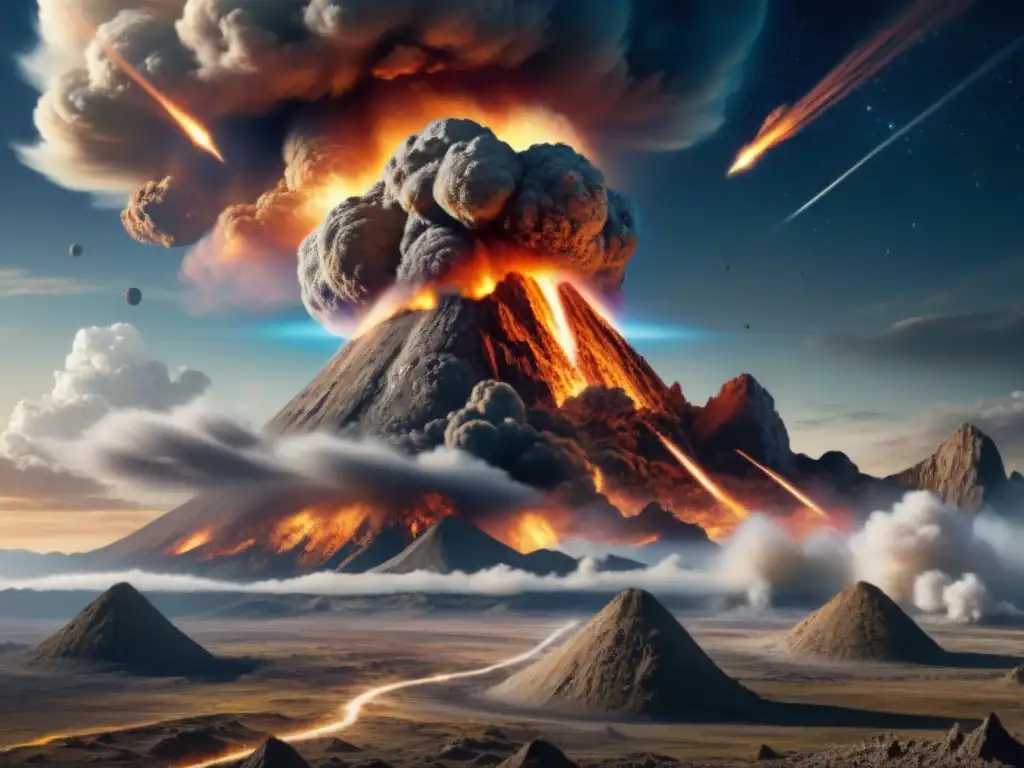 Impacto Cósmico: Asteroide Devastador hacia la Tierra Asteroide masivo en ruta de colisión con la Tierra, con estelas de fuego, simbolizando la extinción de los dinosaurios causas