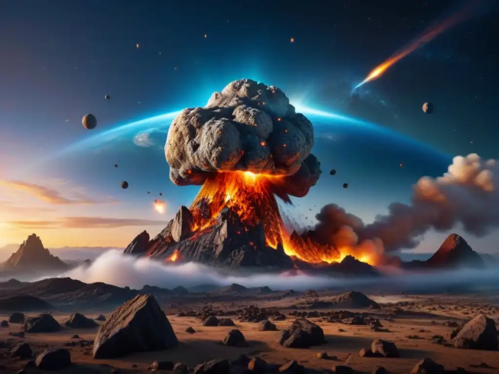 Asteroide devastador en ruta hacia la Tierra: impacto inminente Un asteroide masivo se aproxima a la Tierra con escombros ardientes, recordando la extinción de los dinosaurios causas