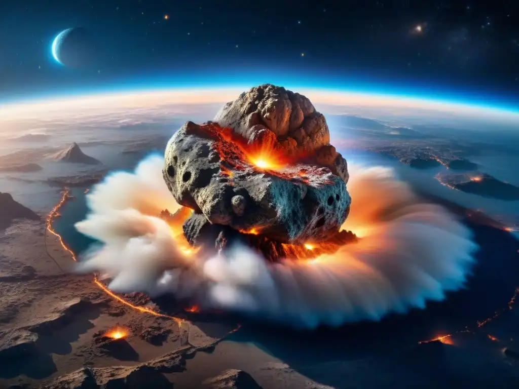 Asteroide gigante en ruta de colisión con la Tierra Un asteroide masivo se acerca a la Tierra desde el espacio, detallando su superficie rocosa y la estela de fuego