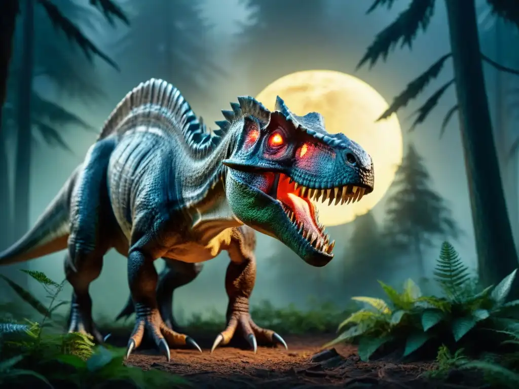 Aterradora ilustración de un dinosaurio en un bosque oscuro y tenebroso, ideal para amantes de las mejores películas de terror dinosaurios
