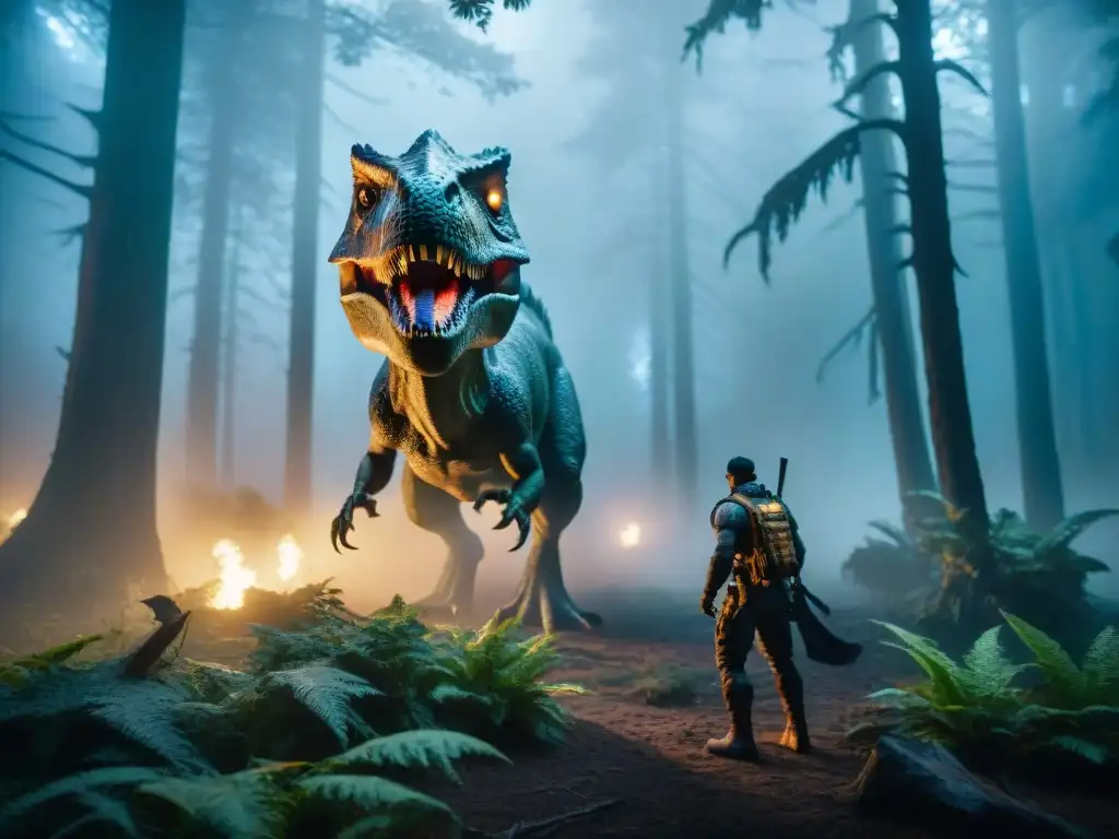 Aterradora escena de dinosaurios en la selva nocturna, ideal para los amantes de las mejores películas de terror dinosaurios