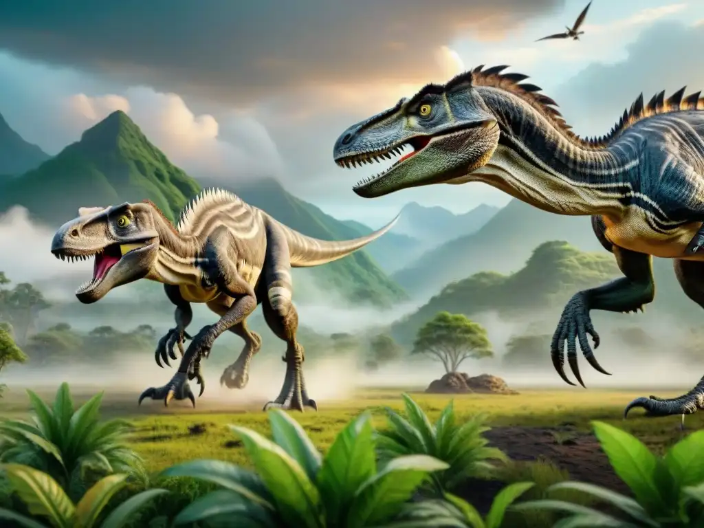 Batalla épica de Velociraptor y Deinonychus en paisaje prehistórico Una batalla épica entre Velociraptor y Deinonychus en un paisaje prehistórico