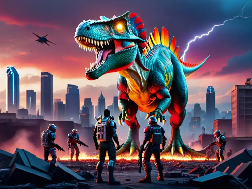 Épica batalla de dinosaurios humanoides en ciudad postapocalíptica Batalla futurista de dinosaurios en la novela gráfica con robots en la ciudad postapocalíptica