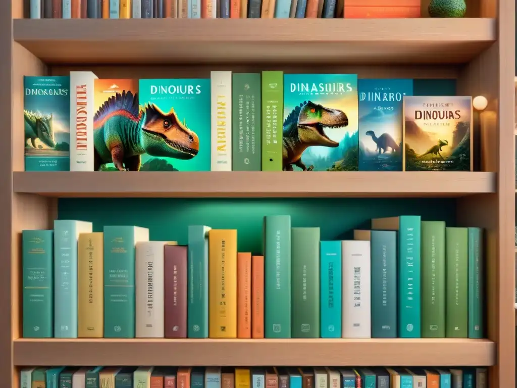 Libros de dinosaurios: una colección detallada para explorar Una biblioteca llena de libros sobre dinosaurios más populares, con portadas coloridas y detalladas dispuestas con orden y detalle
