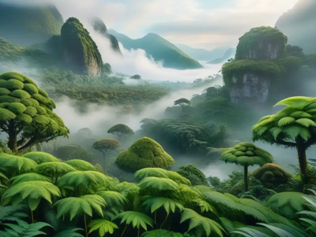 Bosque prehistórico: flora exuberante y gigantes insectos del Carbonífero Un bosque denso del periodo Carbonífero con plantas gigantes y dragonflies, en una atmósfera neblinosa