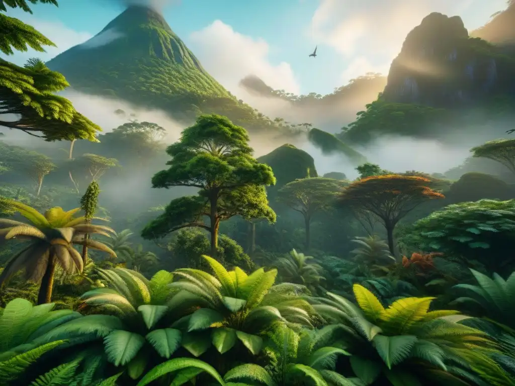 Explora la evolución de hábitats jurásicos en un bosque exuberante lleno de vida prehistórica