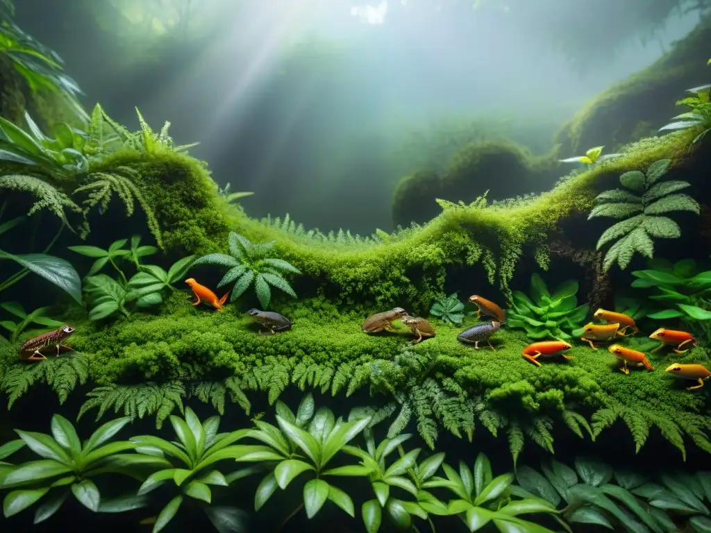 Vida en miniatura: bosque biodiverso de microvertebrados Un bosque exuberante lleno de vida en miniatura: microvertebrados en la cadena alimenticia