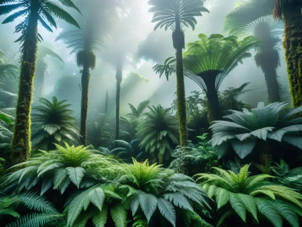 Selva carbonífera: vegetación colosal y criaturas prehistóricas Un bosque exuberante del periodo Carbonífero con helechos arborescentes, equisetos gigantes y coníferas primitivas