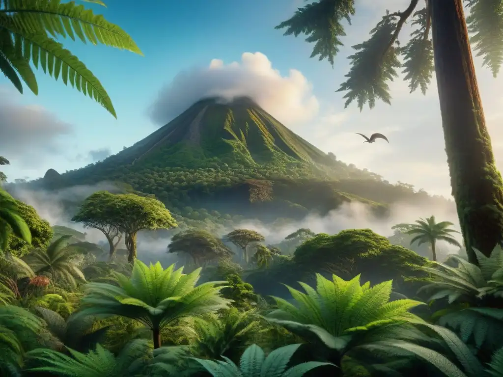 Un bosque jurásico exuberante con dinosaurios, helechos altos y coníferas antiguas