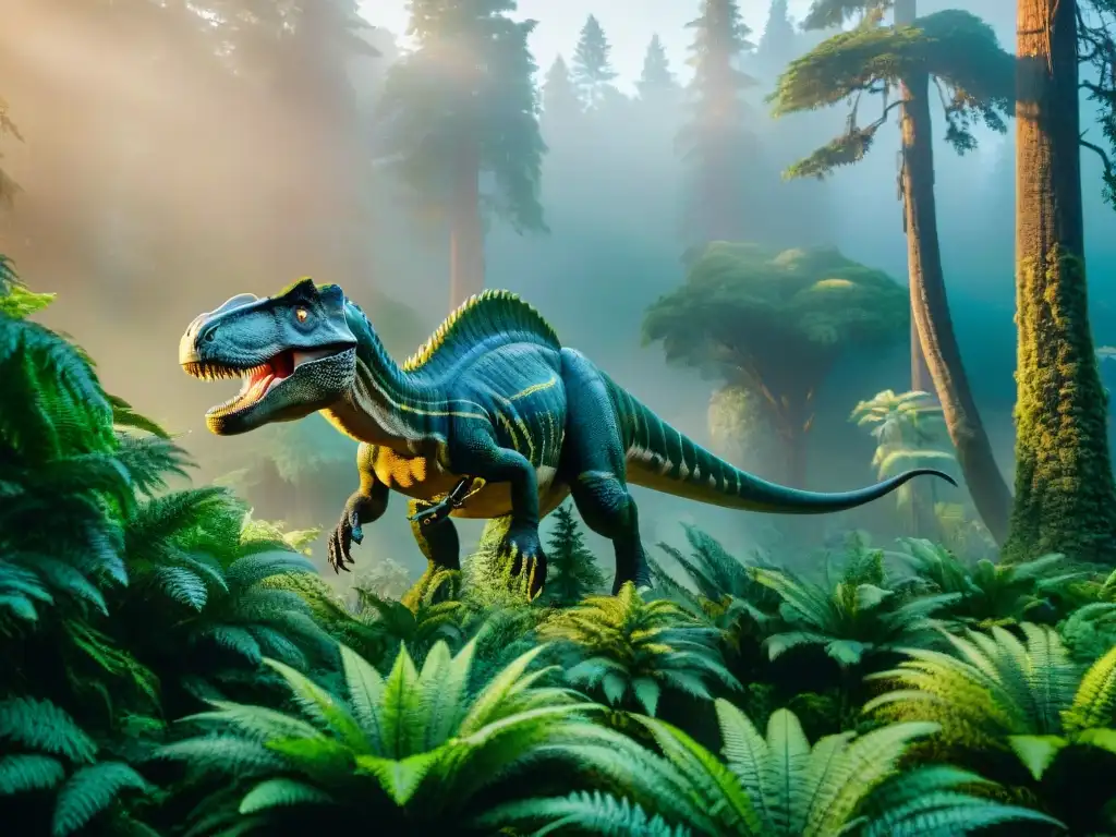 Un bosque jurásico exuberante, con helechos gigantes y dinosaurios, evoca la evolución de hábitats jurásicos