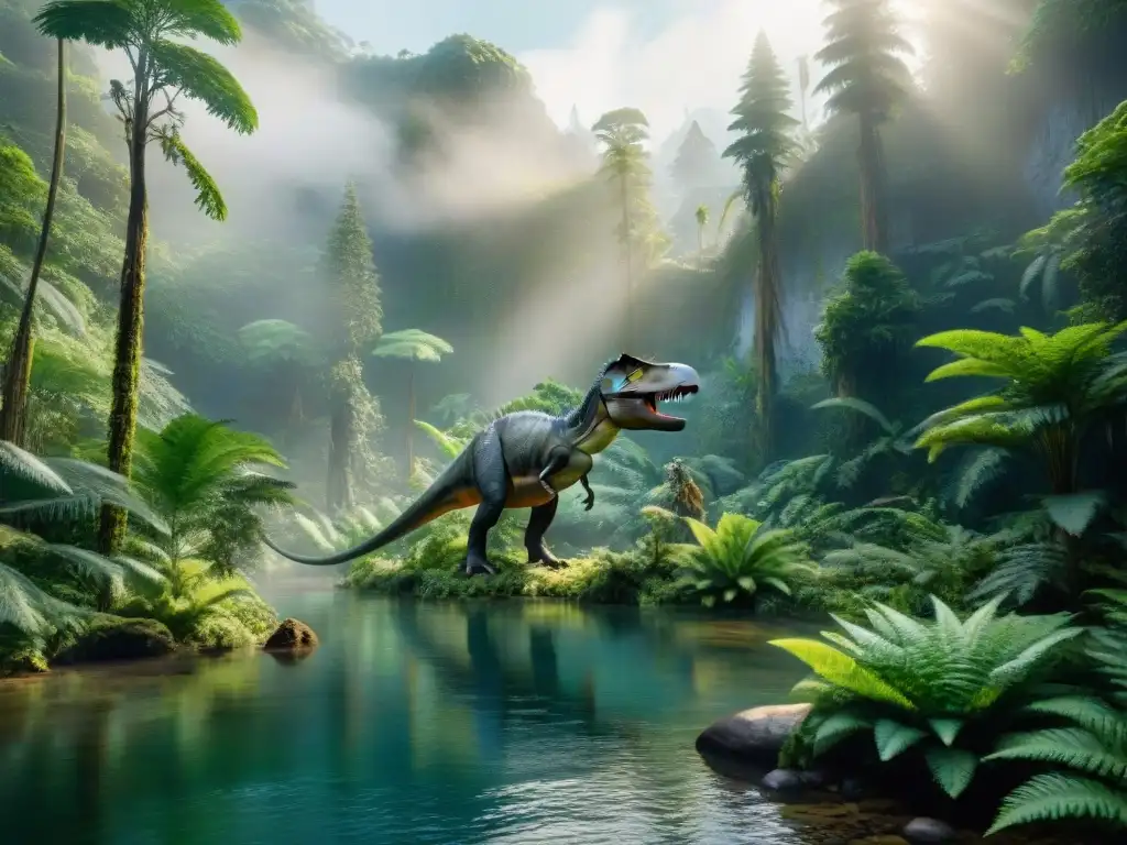 Un bosque jurásico exuberante con helechos gigantes, coníferas y dinosaurios, reflejando la evolución de hábitats jurásicos