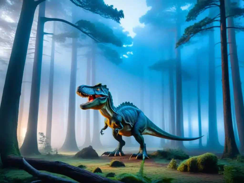 Un bosque neblinoso al atardecer con sombras de dinosaurios, en luz azul, evoca miedo y misterio en las Mejores películas de terror dinosaurios