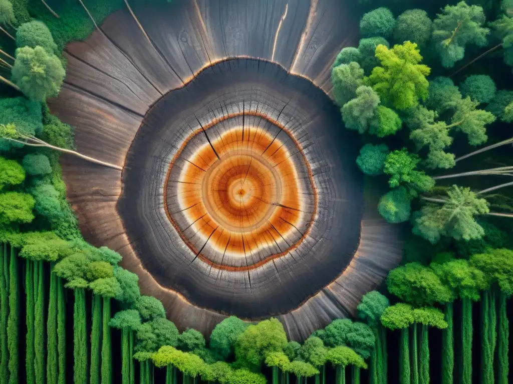 Bosque prehistórico: detalle asombroso de anillos de árboles Un bosque prehistórico con árboles antiguos y detallados anillos de crecimiento