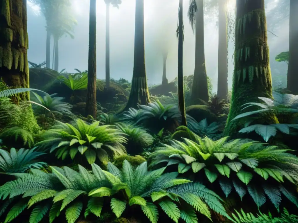Selva prehistórica del Carbonífero: exuberante biodiversidad Un bosque prehistórico del Carbonífero, con helechos y equisetos gigantes, en un ecosistema antiguo de gran biodiversidad