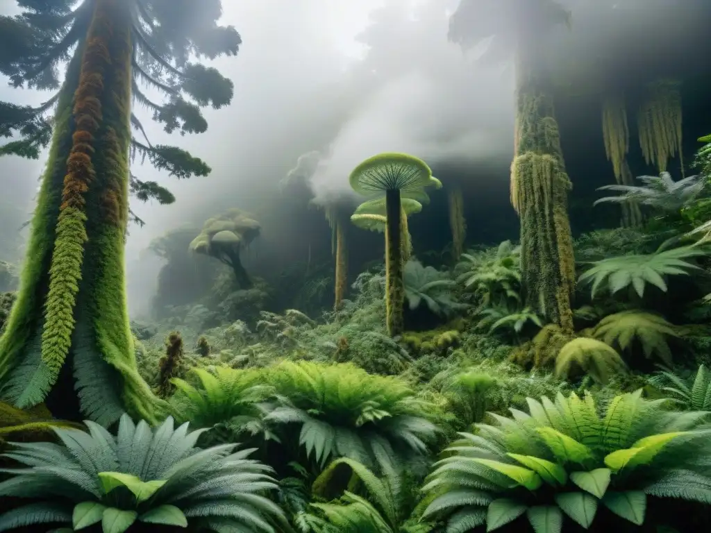 Bosque prehistórico del Carbonífero: biodiversidad exuberante Un bosque prehistórico denso durante el período Carbonífero, con plantas gigantes, helechos y equisetos bajo un cielo nublado y cálido
