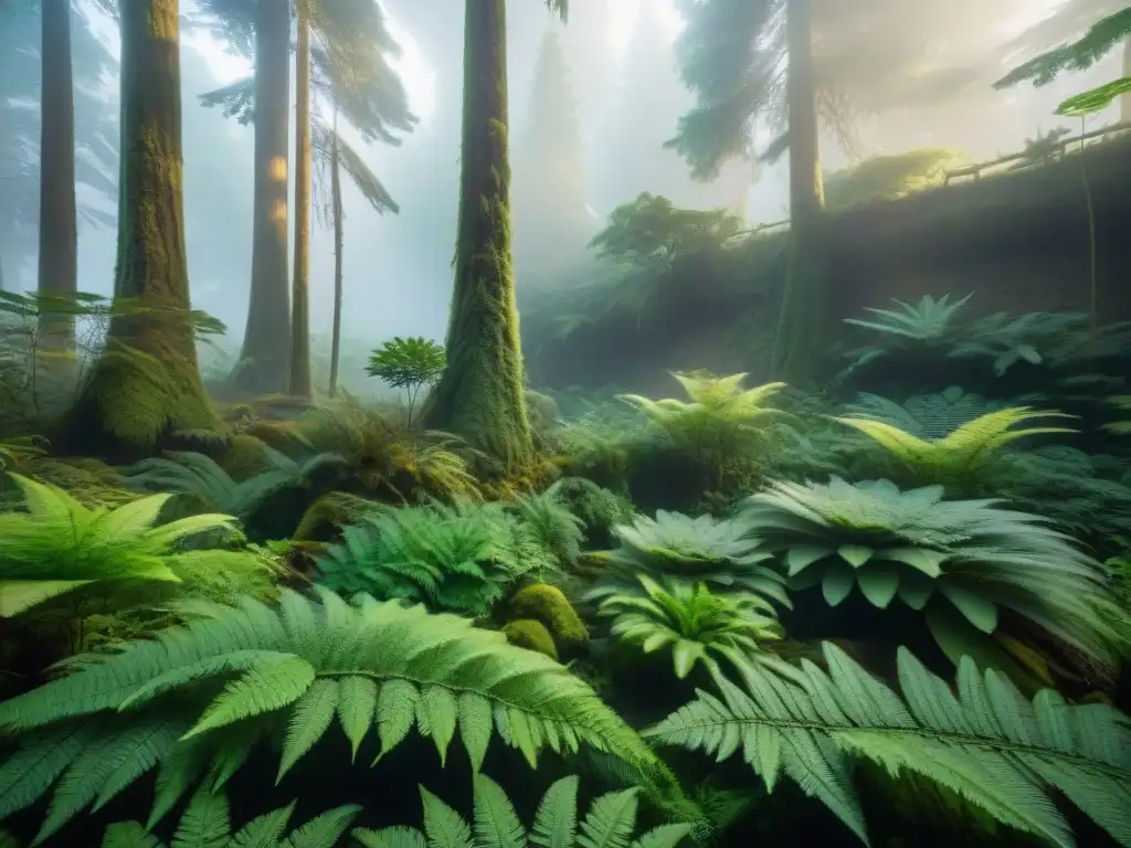 Exuberante bosque prehistórico del Carbonífero: detallado y cautivador Un bosque prehistórico denso durante el período Carbonífero con helechos y coníferas primitivas