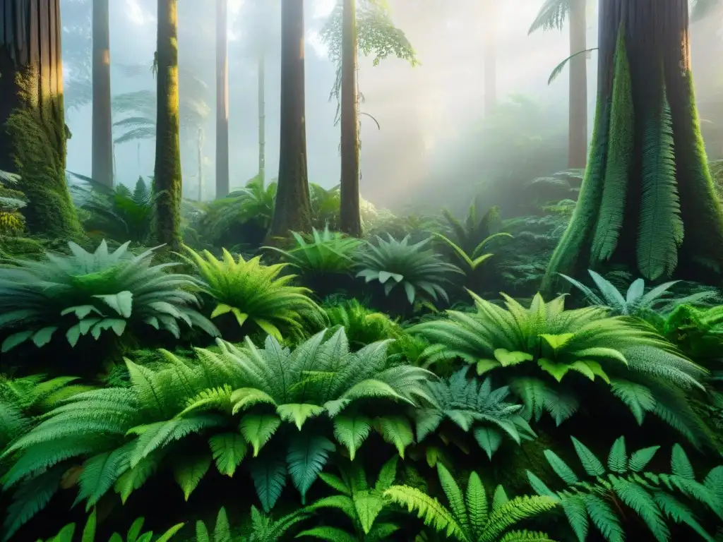 Selva prehistórica del Carbonífero: vida ancestral en su máximo esplendor Un bosque prehistórico exuberante durante el período Carbonífero, con especies antiguas