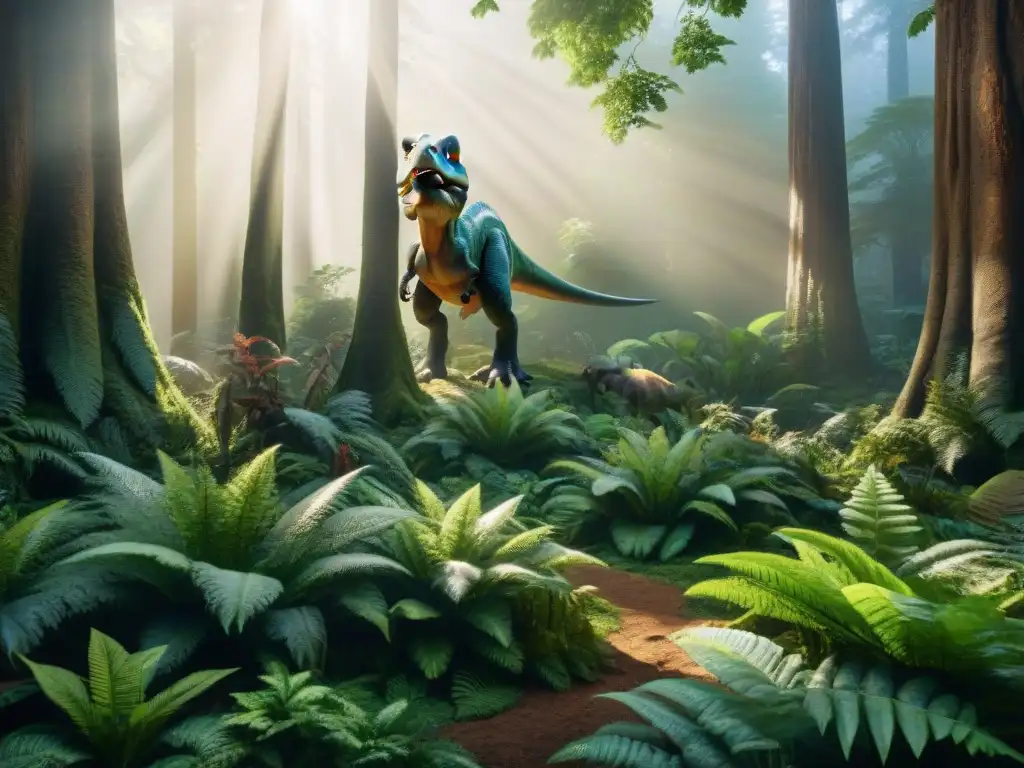 Espléndido bosque prehistórico con dinosaurios y exuberante vida vegetal Un bosque prehistórico rebosante de vida, con dinosaurios entre la exuberante vegetación