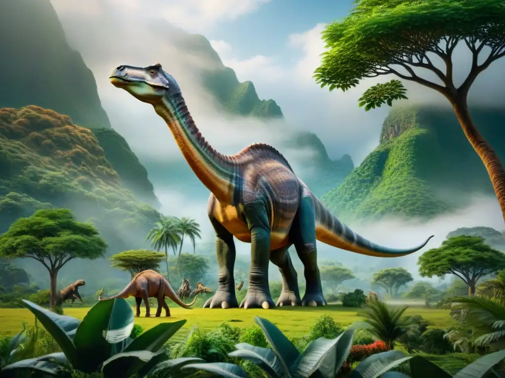Brachiosaurio gigante en paisaje prehistórico Un Brachiosaurio majestuoso en un paisaje prehistórico exuberante