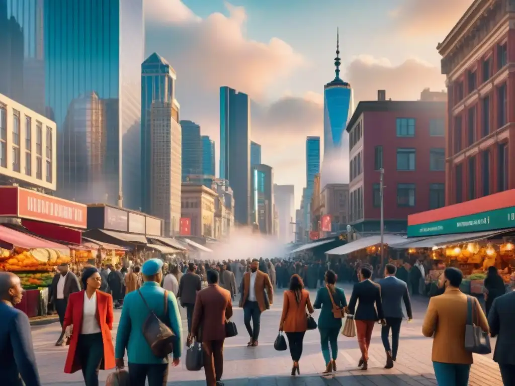 Vida urbana vibrante: calle de la ciudad con diversidad y energía Una bulliciosa calle de la ciudad con rascacielos, gente diversa, vendedores callejeros y energía urbana