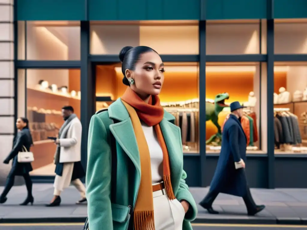 Calles urbanas: moda prehistórica y estilo contemporáneo Una calle de la ciudad llena de vida y moda urbana con bufandas y guantes dinosaurio