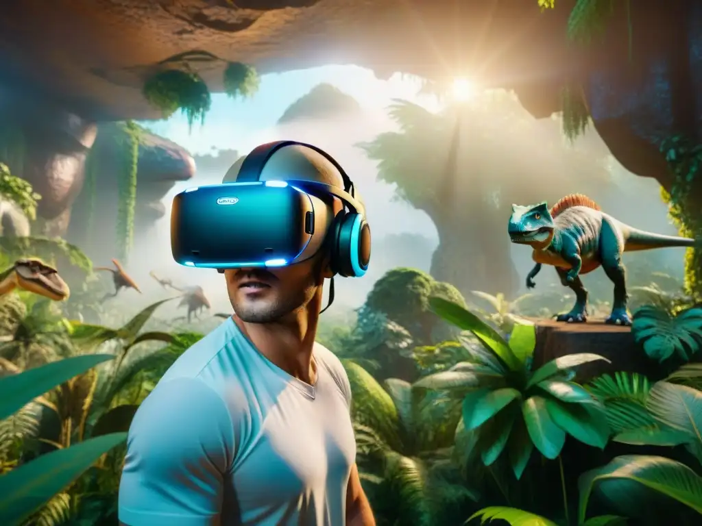 Realidad virtual: viaje al pasado con dinosaurios en la jungla digital Un casco de realidad virtual flota en un bosque digital lleno de dinosaurios realistas