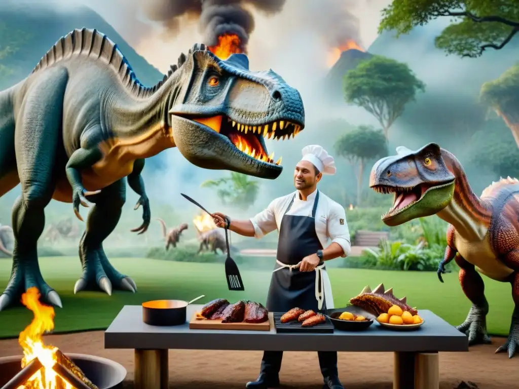 Chef preparando steak de T-Rex en parque de dinosaurios Un chef preparando comida prehistórica en parques temáticos, rodeado de dinosaurios animatrónicos y visitantes asombrados