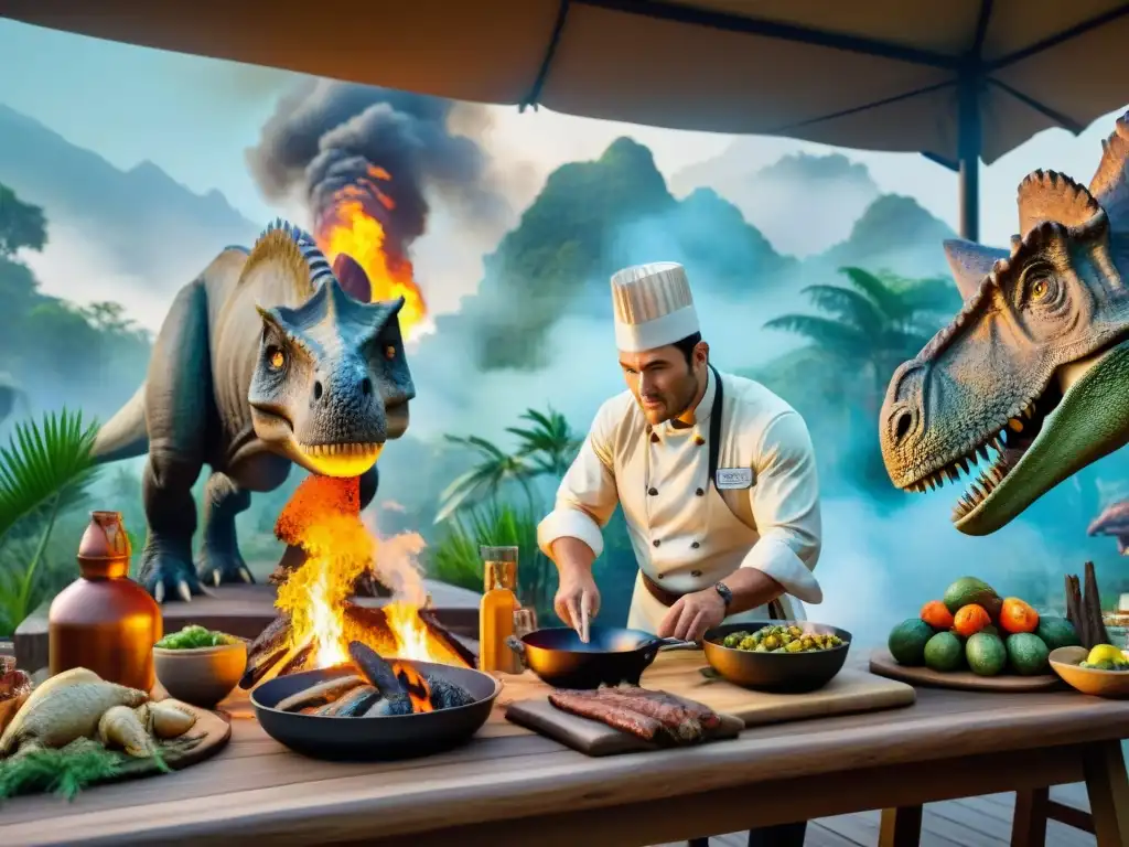 Chef paleolítico prepara festín entre dinosaurios Chef prehistórico prepara festín entre dinosaurios en parque temático