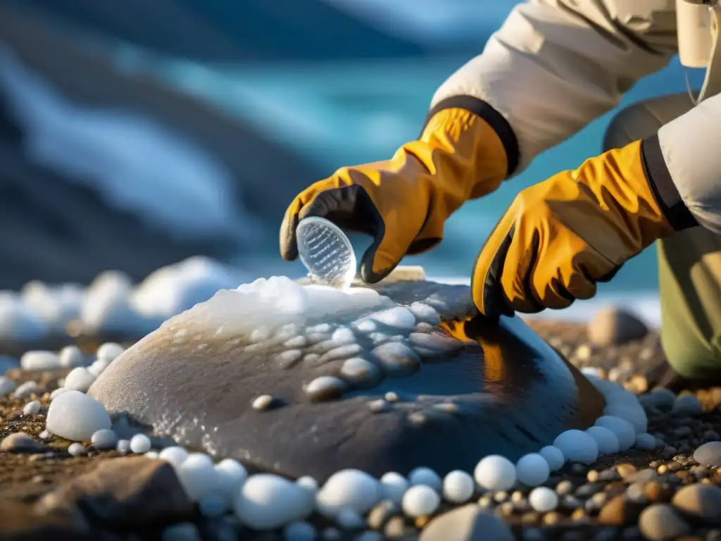 Descubriendo fósiles en glaciar derretido: impacto del cambio climático Un científico extrae con cuidado un fósil de un glaciar derritiéndose, mostrando el efecto del cambio climático en la datación de fósiles