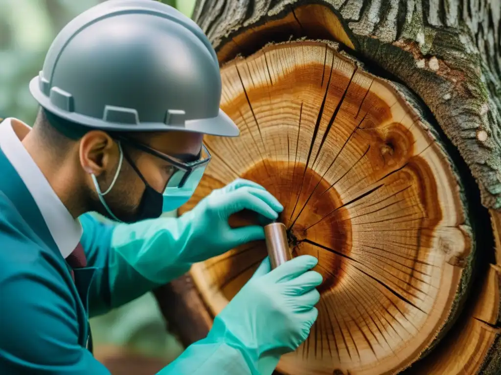 Extracción de núcleo de árbol centenario: detalle impresionante Un científico extrae con cuidado un núcleo de un tronco de árbol gigante, revelando archivos climáticos mundos perdidos dinosaurios