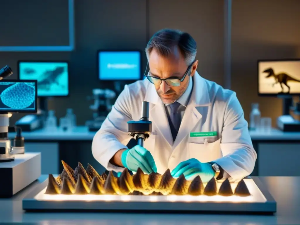 Extracción experta de ADN de dinosaurio en laboratorio Un científico extrae ADN de dinosaurio de un fósil bajo microscopio, rodeado de tecnología