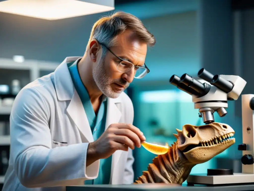 Un científico examina un hueso de dinosaurio con un microscopio, fusionando genómica y paleontología en la clasificación de dinosaurios