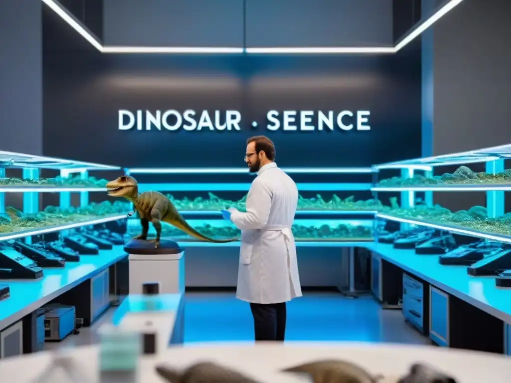 Extracción de ADN de dinosaurio: investigación de vanguardia en laboratorio Científicos clonando ADN de dinosaurios en laboratorio de alta tecnología
