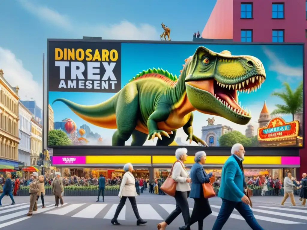 Una ciudad bulliciosa con una gigantesca campaña publicitaria de un parque de atracciones temático de dinosaurios