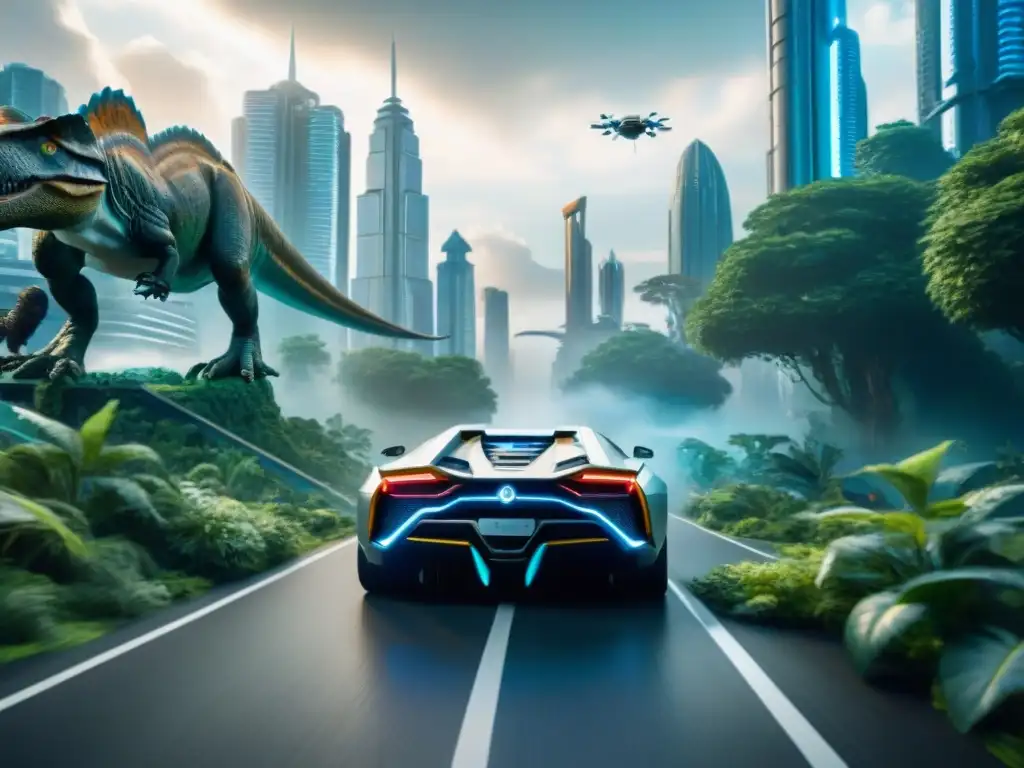 Metrópolis futurista y jungla prehistórica: una fusión asombrosa Una ciudad futurista con rascacielos y autos voladores, contrastando con un exuberante jungla prehistórica llena de dinosaurios