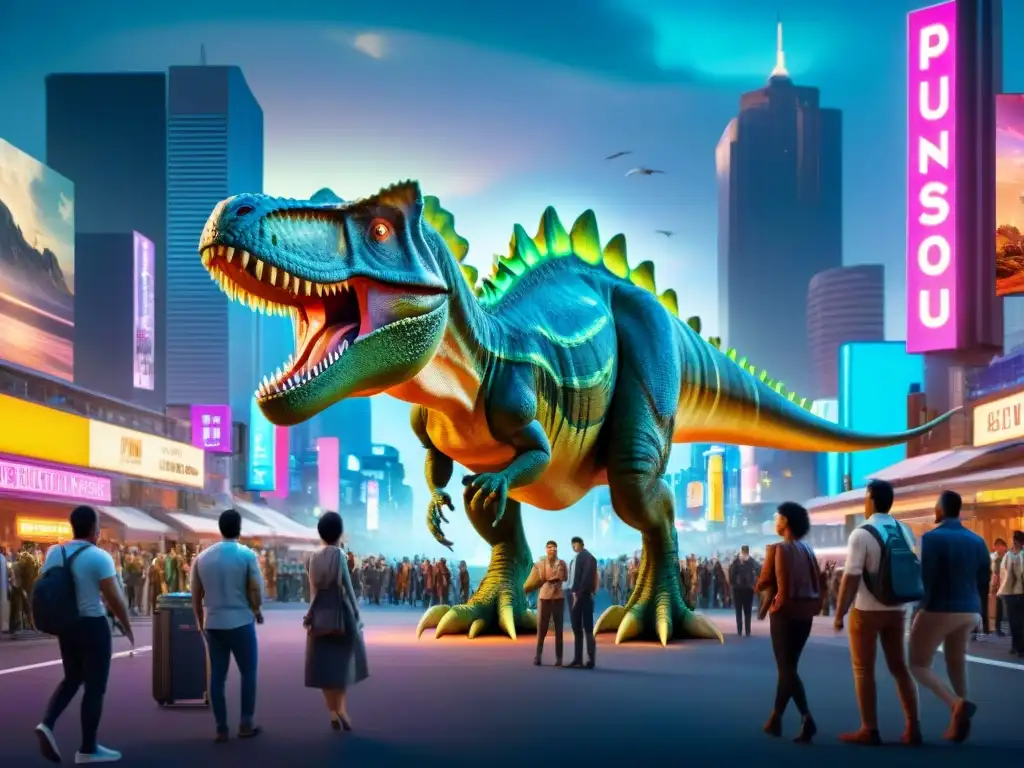 Metrópolis futurista con hologramas de dinosaurios Una ciudad futurista con rascacielos iluminados y hologramas de dinosaurios en series de superhéroes