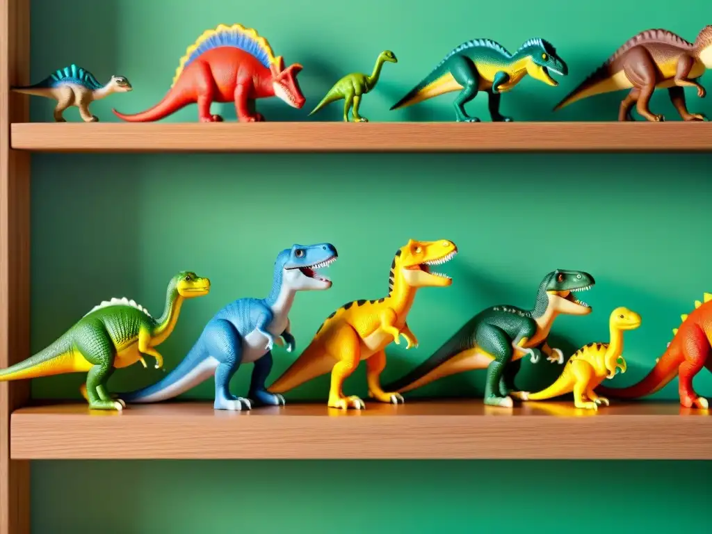 Una colección única de juguetes de dinosaurios lanzamientos exclusivos, detallados y coloridos, en una estantería de madera