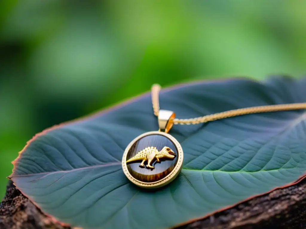 Collar único con hueso de dinosaurio fosilizado y detalles prehistóricos Collar de oro con colgante de hueso de dinosaurio fosilizado, detallados grabados prehistóricos, fondo de bosque verde