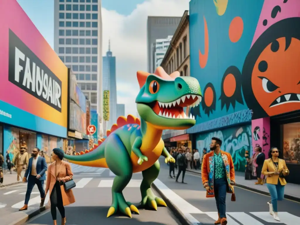 Moda urbana con estampados de dinosaurios: estilo único en la ciudad Una colorida calle de la ciudad llena de moda única inspirada en dinosaurios