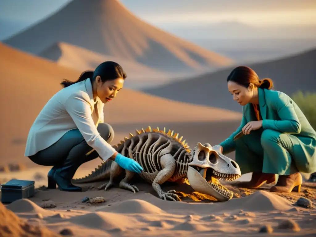 Excavación de fósiles de dinosaurios: trabajo en equipo en el desierto Competencia científica al descubrir fósiles de dinosaurios en un yacimiento remoto del desierto al atardecer