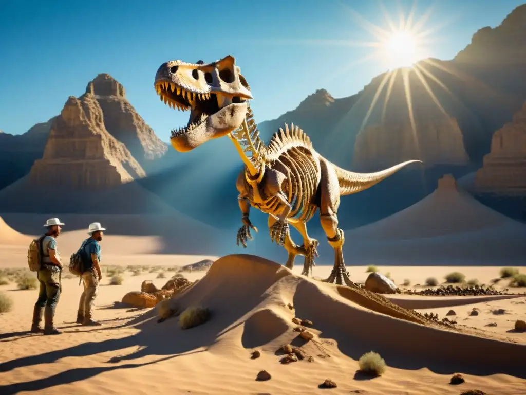 Excavación épica: descubriendo un gigante prehistórico en el desierto Competencia científica fósiles dinosaurios: Paleontólogos excavando un esqueleto gigante con meticulosidad en el desierto soleado